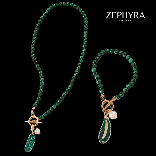 Set Zephyra Collar & Pulsera Espíritu de la Naturaleza – Malaquita & Perla